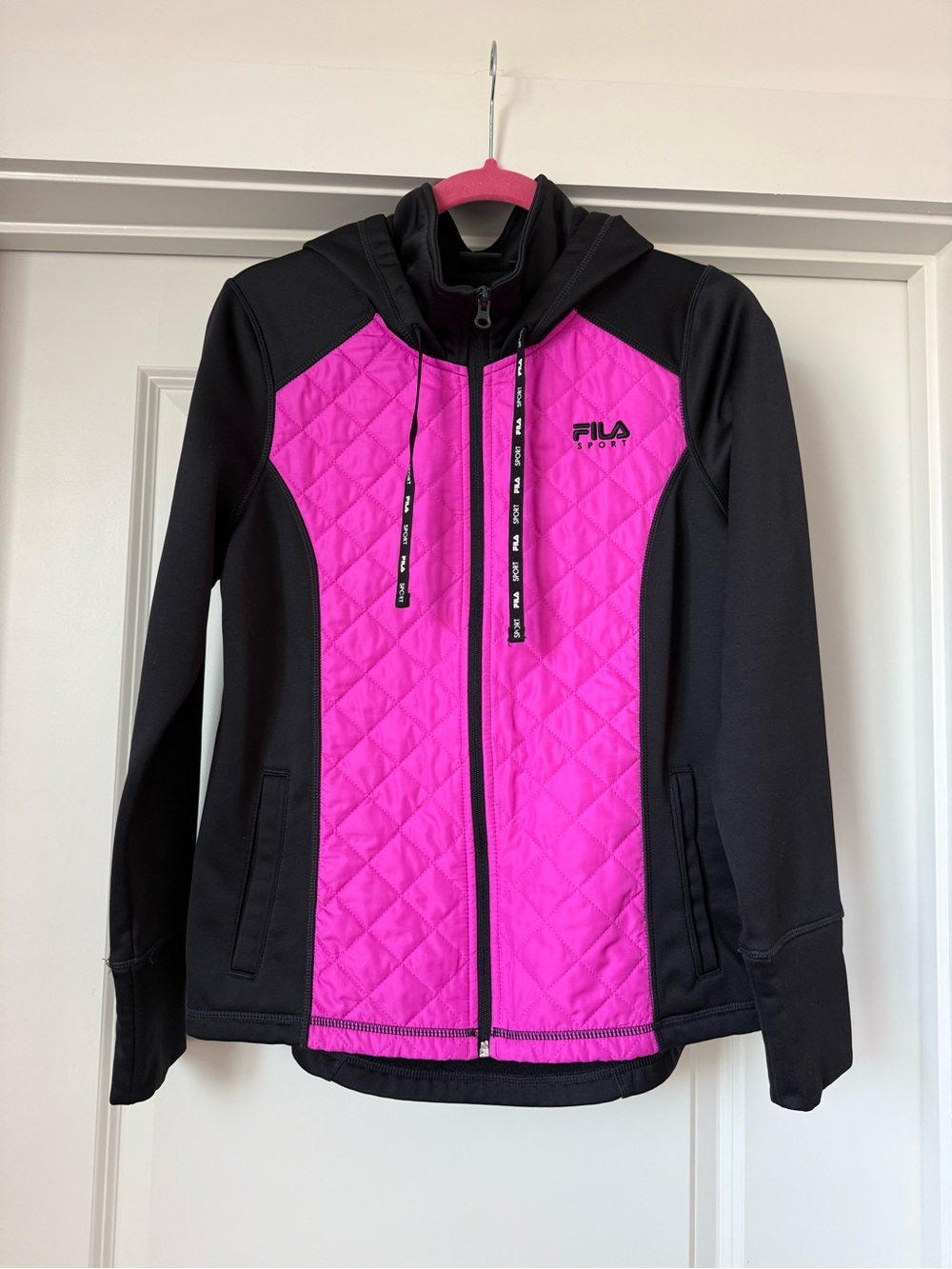 FILA Women's Black & Hot Pink Quilted Hooded Bomber Jacket